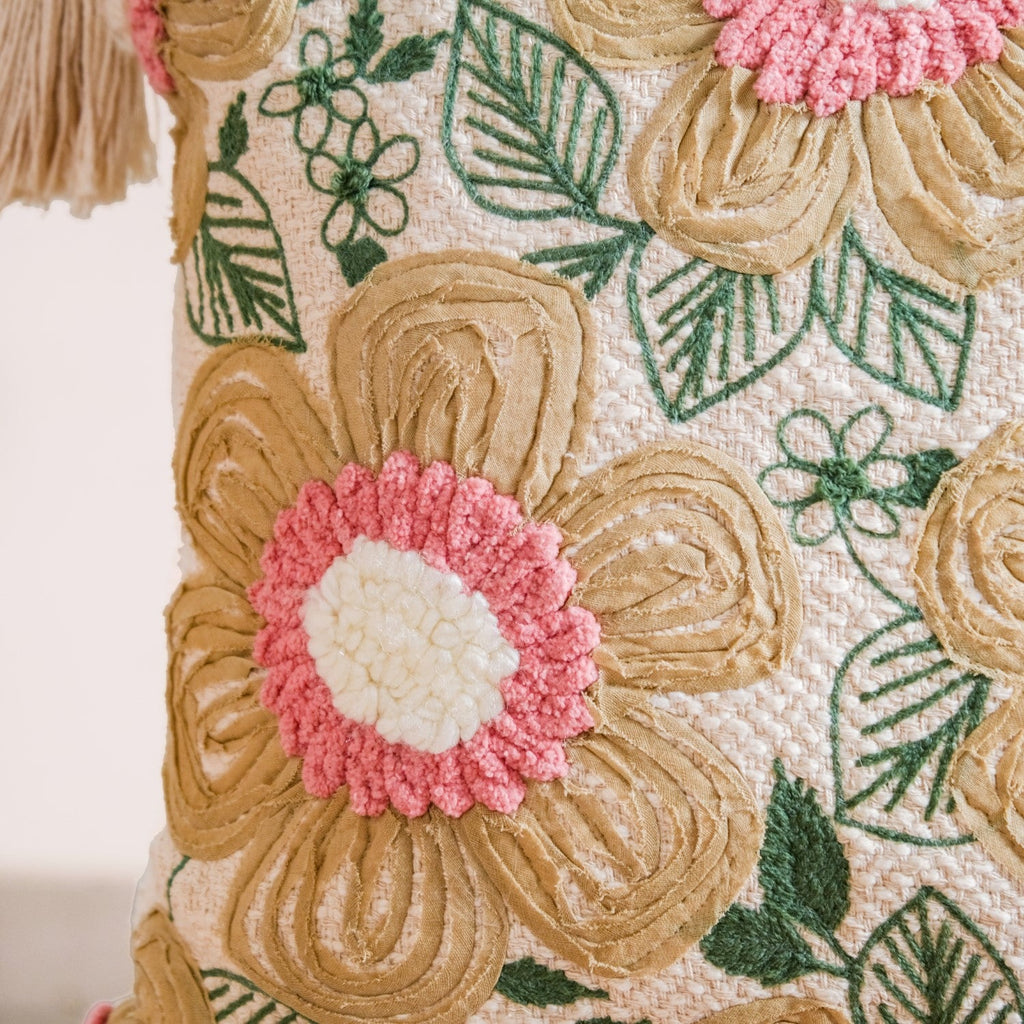 Ribbon And Punch Needle Embroidery Cushion Case 16x16 Inch