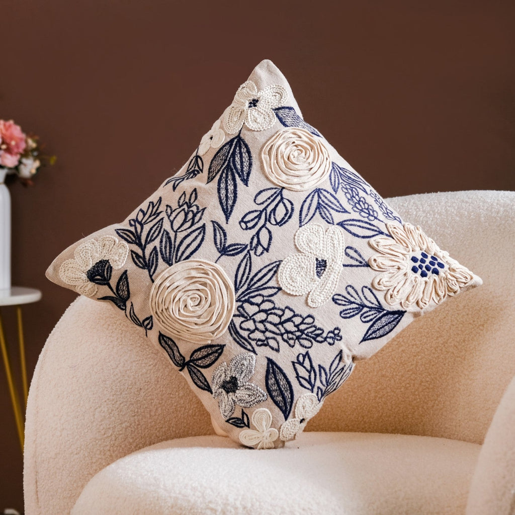 Ribbon Flower Embroidery Sofa Cushion Cover 16x16 Inch