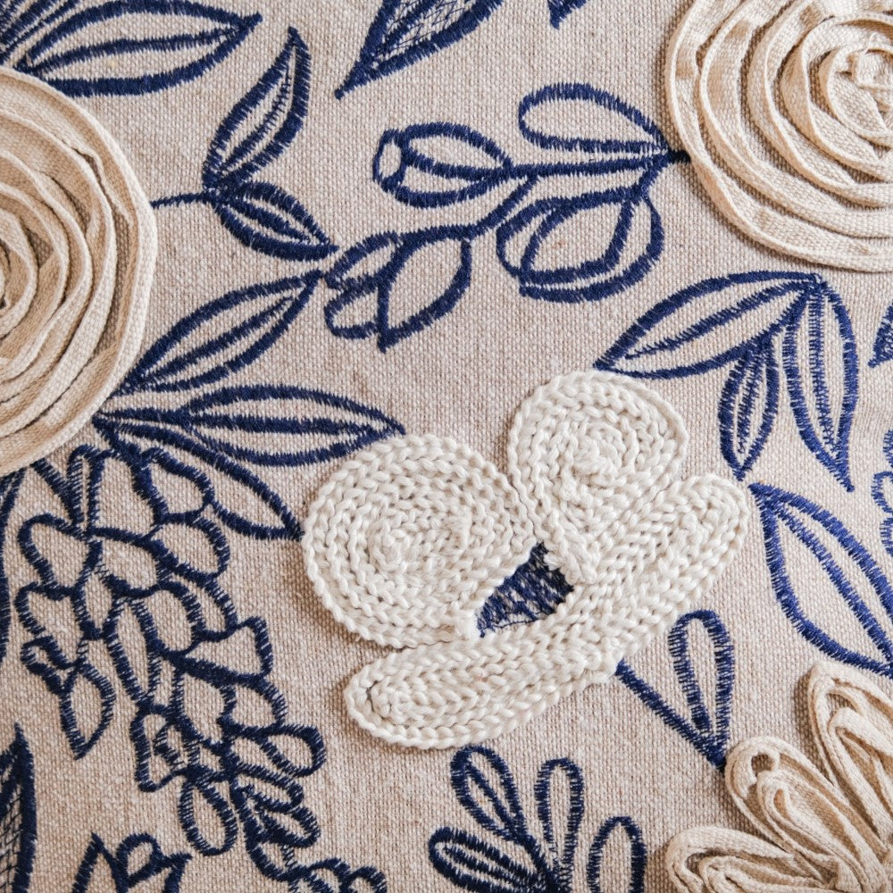 Ribbon Flower Embroidery Sofa Cushion Cover 16x16 Inch