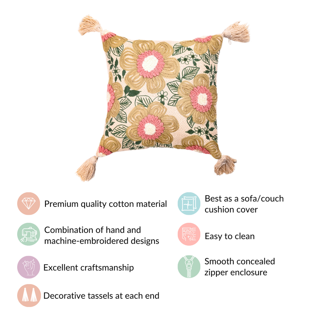 Ribbon And Punch Needle Embroidery Cushion Case 16x16 Inch