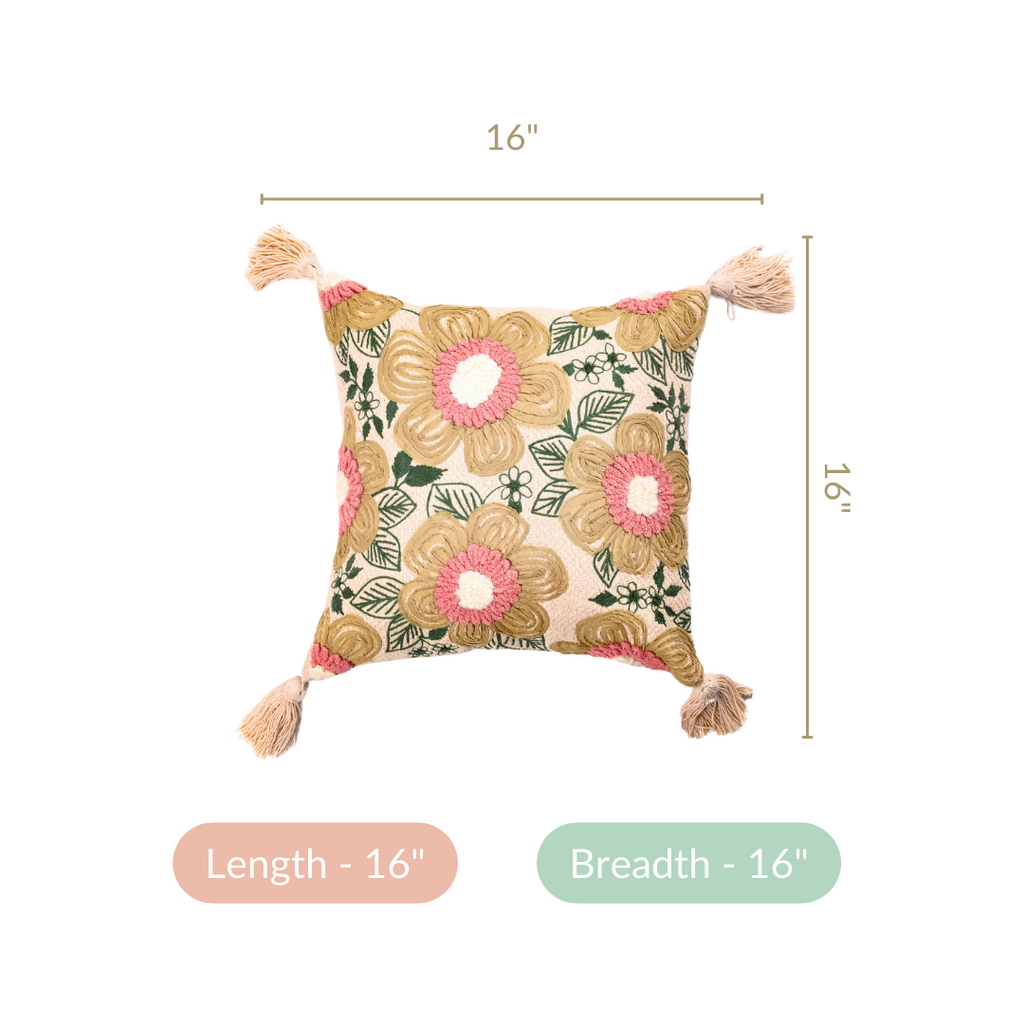 Ribbon And Punch Needle Embroidery Cushion Case 16x16 Inch