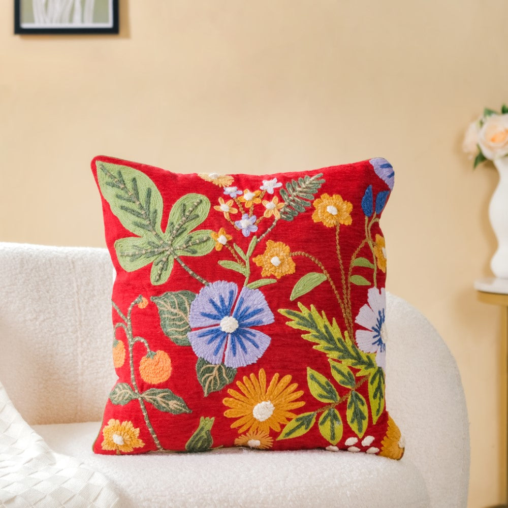 Red Cushion Cover With Floral Embroidery 16x16 Inch