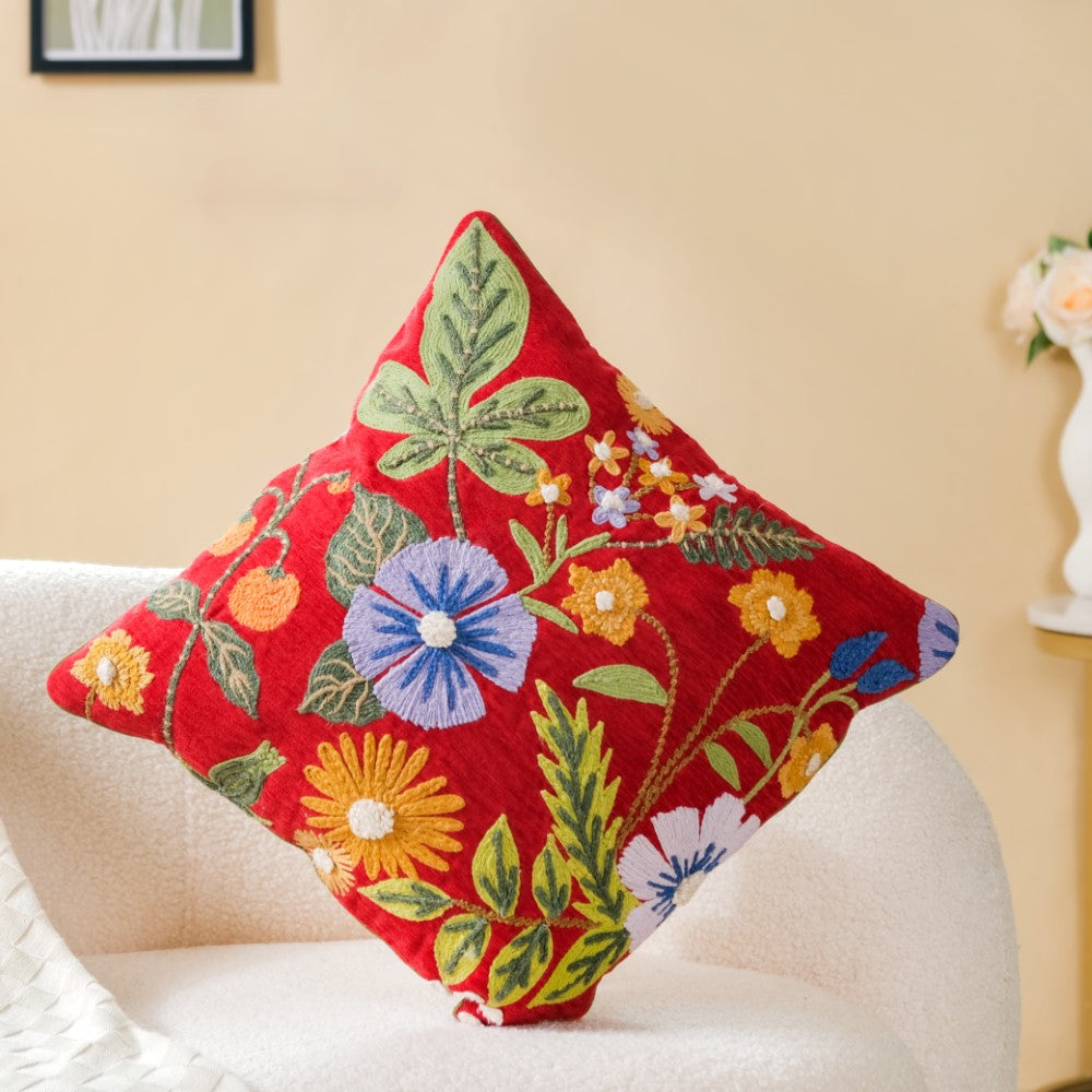 Red Cushion Cover With Floral Embroidery 16x16 Inch