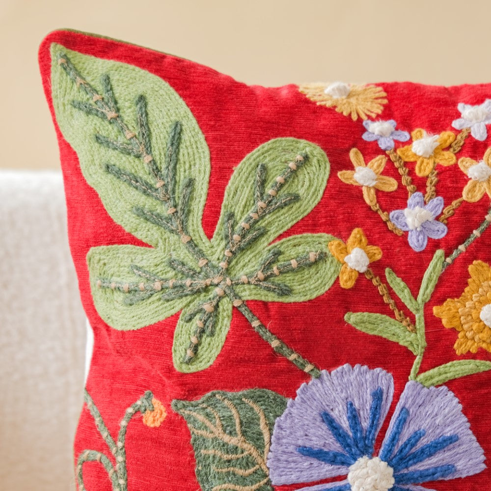 Red Cushion Cover With Floral Embroidery 16x16 Inch