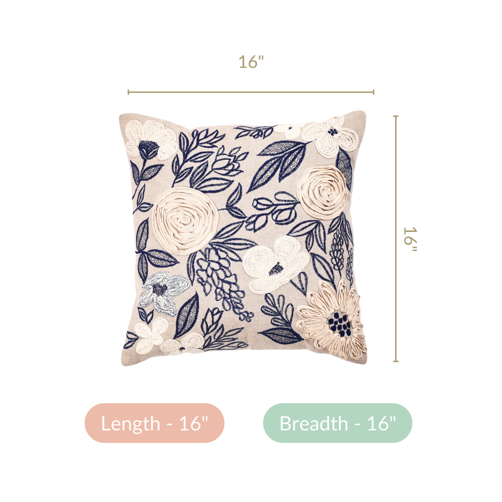 Ribbon Flower Embroidery Sofa Cushion Cover 16x16 Inch