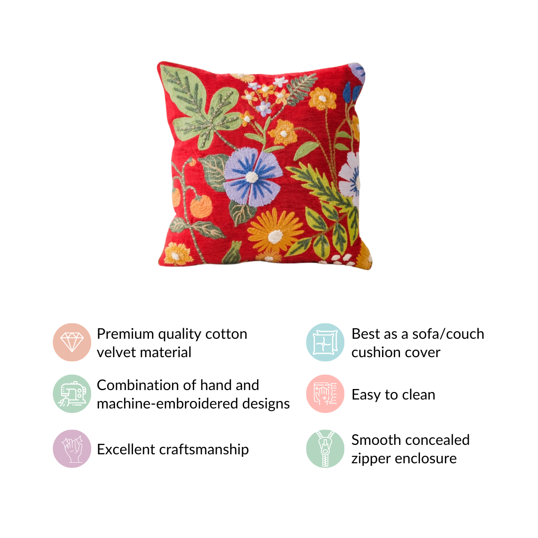 Red Cushion Cover With Floral Embroidery 16x16 Inch