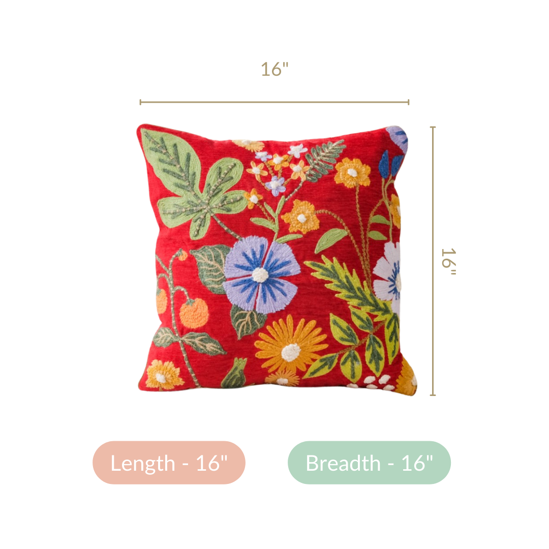 Red Cushion Cover With Floral Embroidery 16x16 Inch