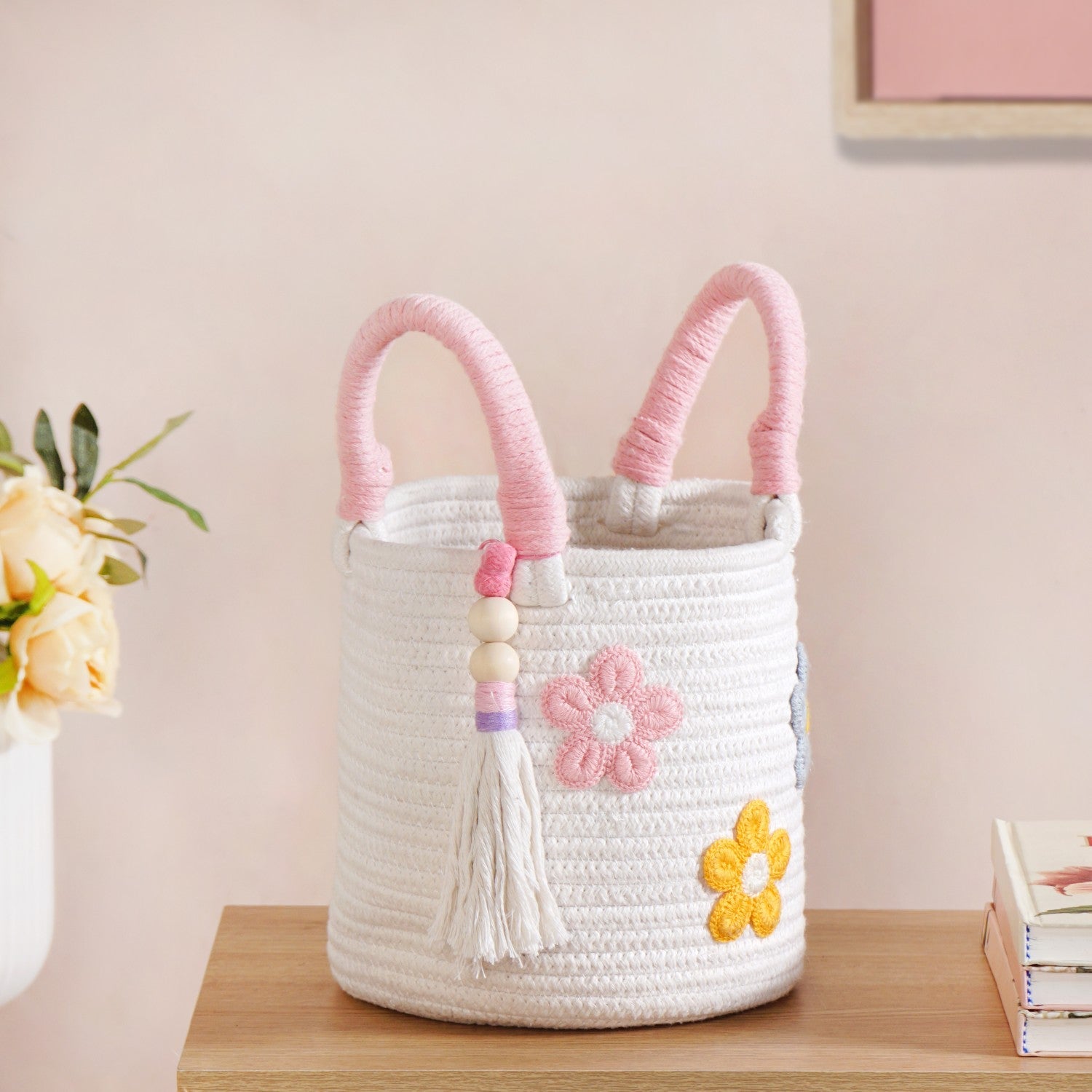 Flower Basket With Pink Handles 19cm
