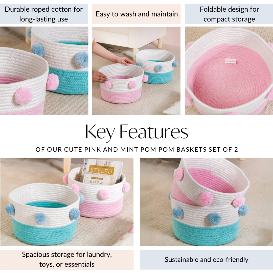 Pink And Mint Pom Pom Basket Set Of 2 18cm