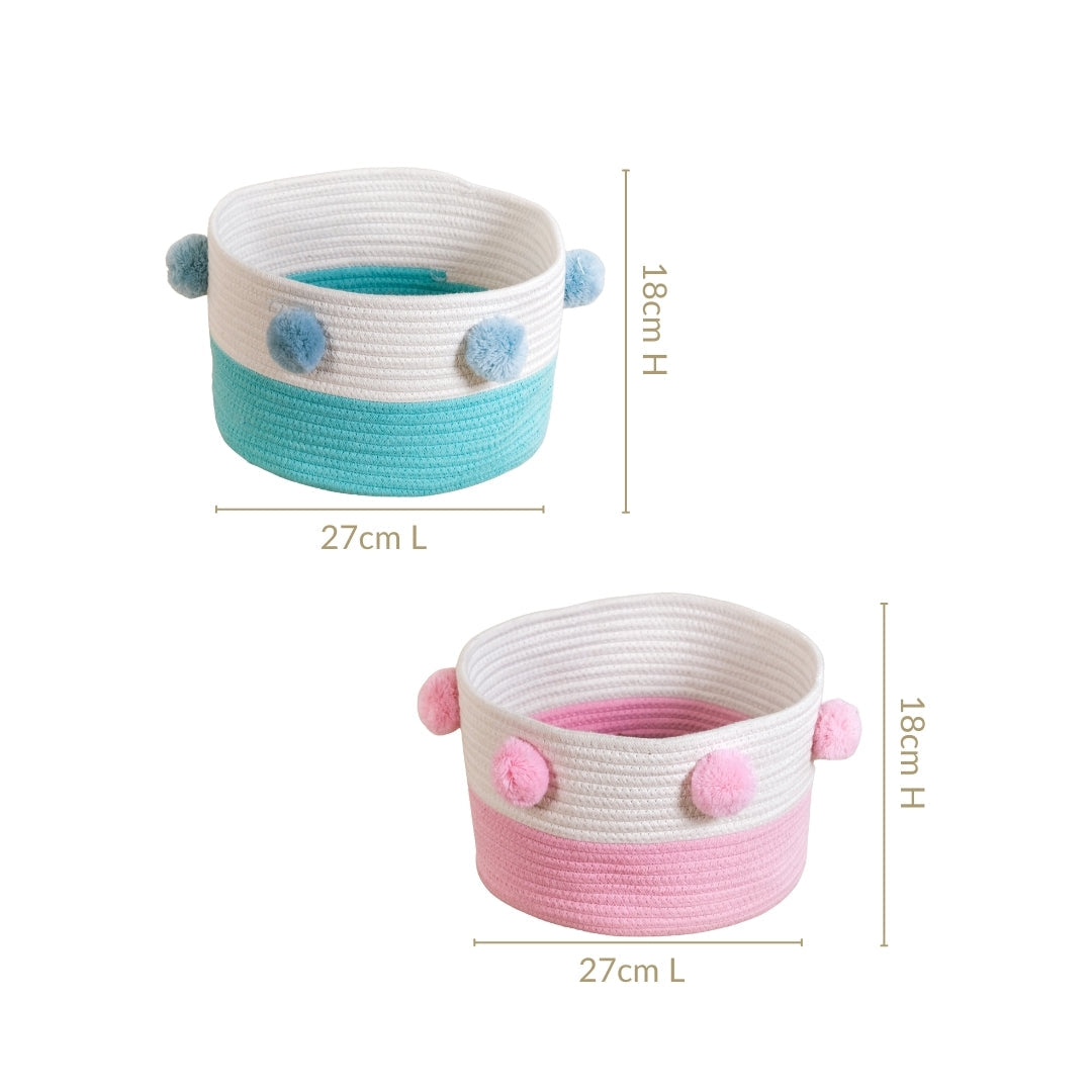 Pink And Mint Pom Pom Basket Set Of 2 18cm