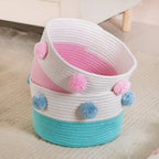 Pink And Mint Pom Pom Basket Set Of 2 18cm
