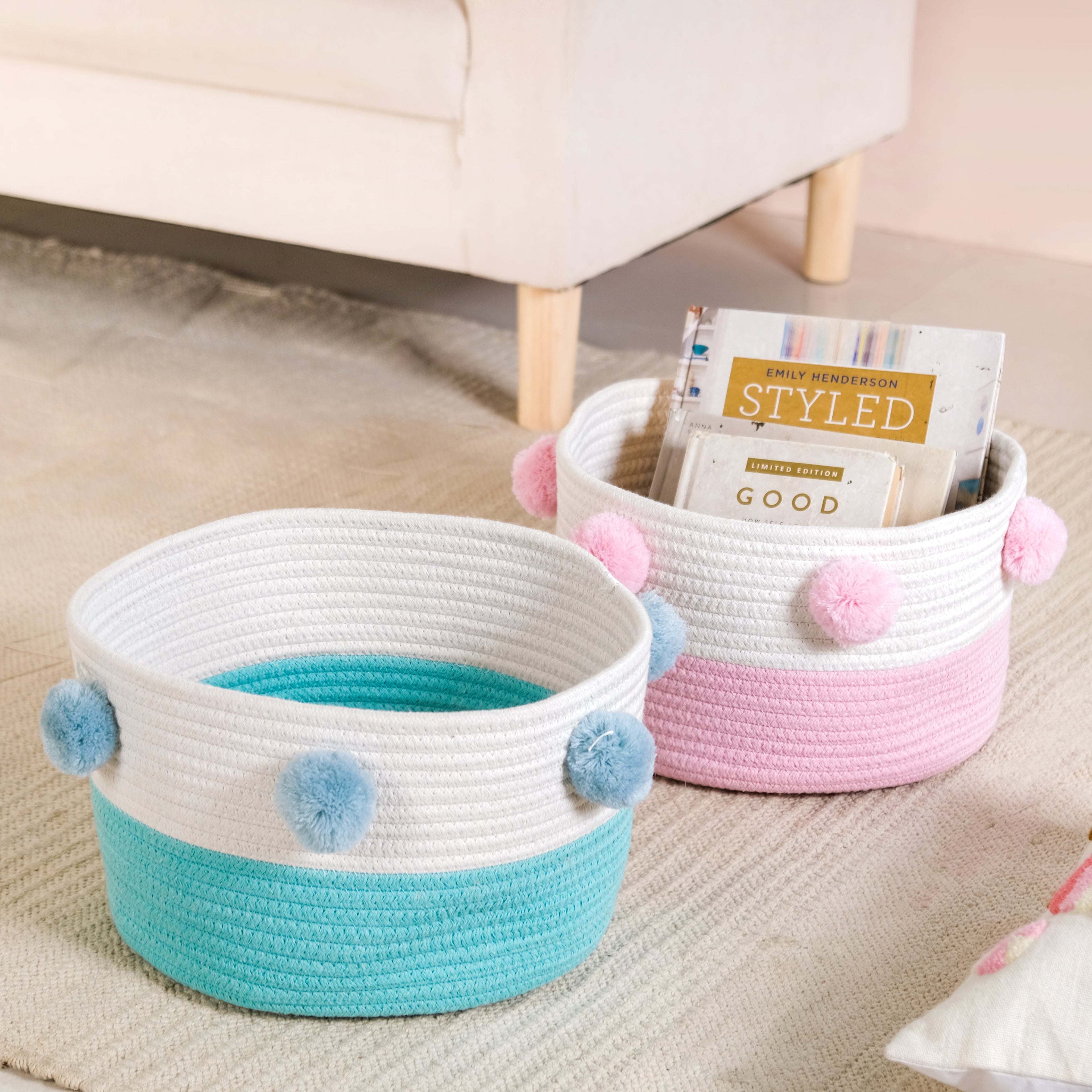 Pink And Mint Pom Pom Basket Set Of 2 18cm