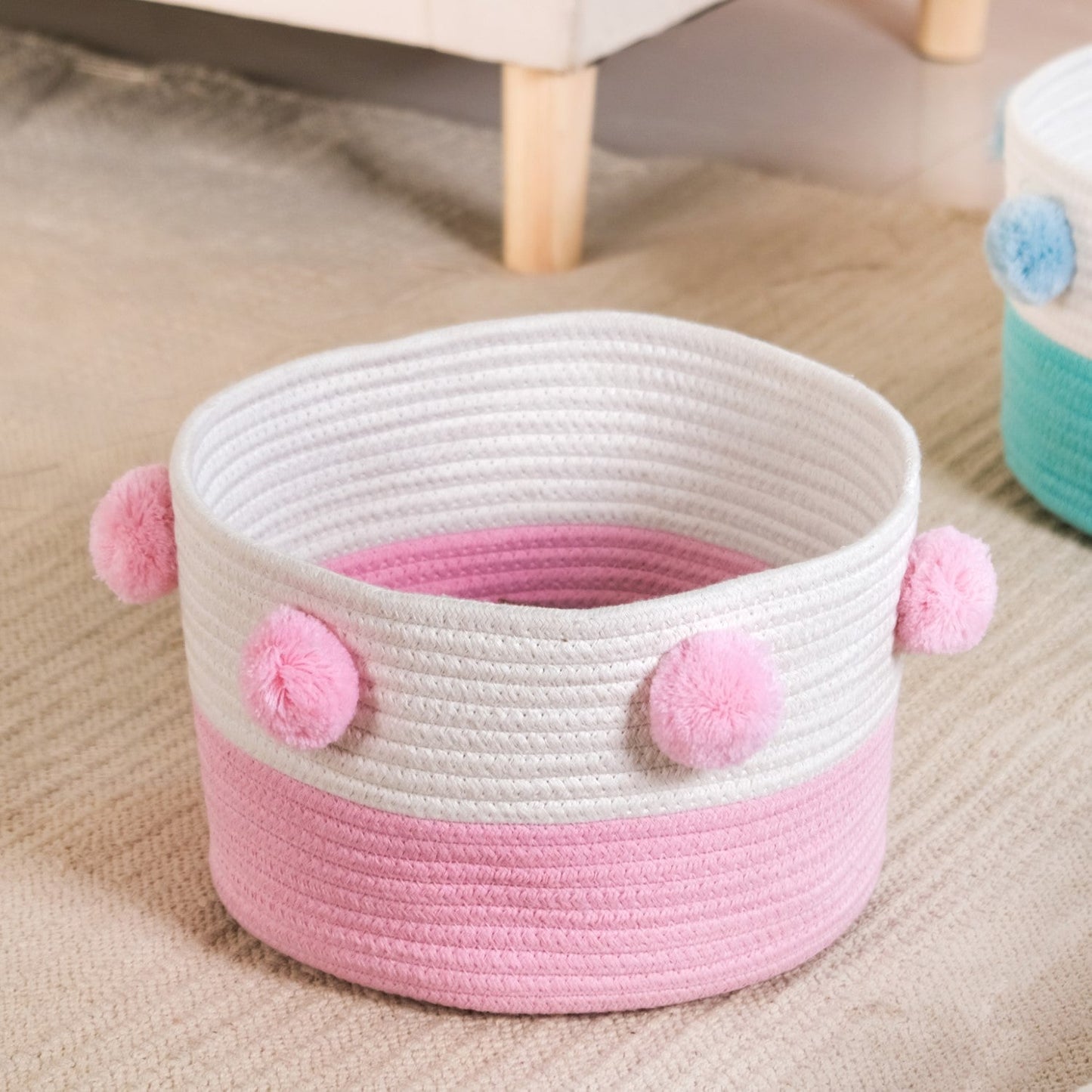 Pink And Mint Pom Pom Basket Set Of 2 18cm