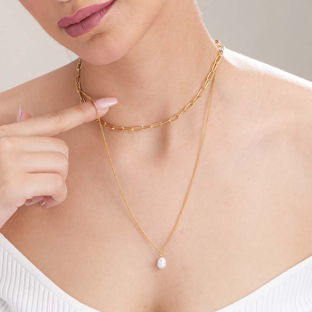Layered Chain Necklace with Pearl Drop