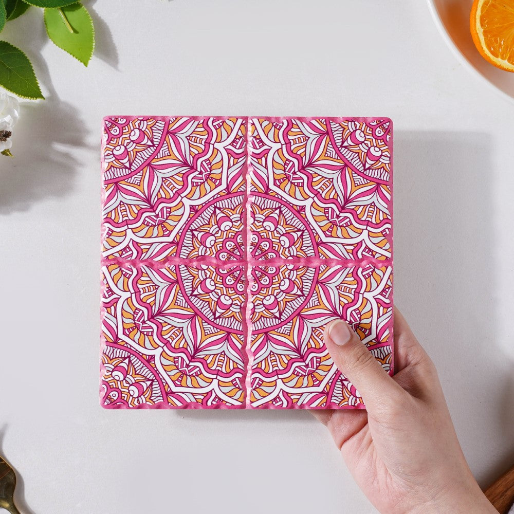 Moroccan Art Square Ceramic Tiled Trivet Pink