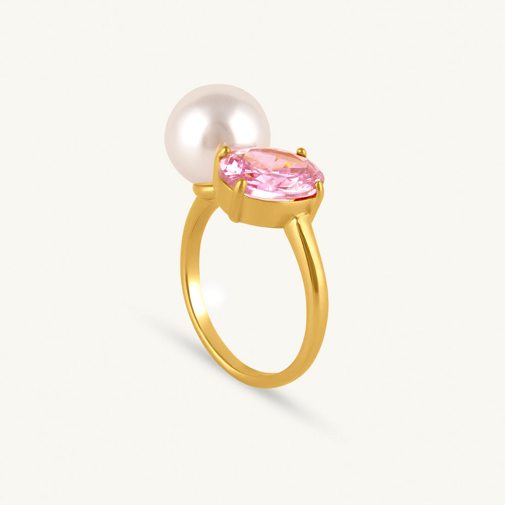 Elegant Pink Crystal & Pearl Ring