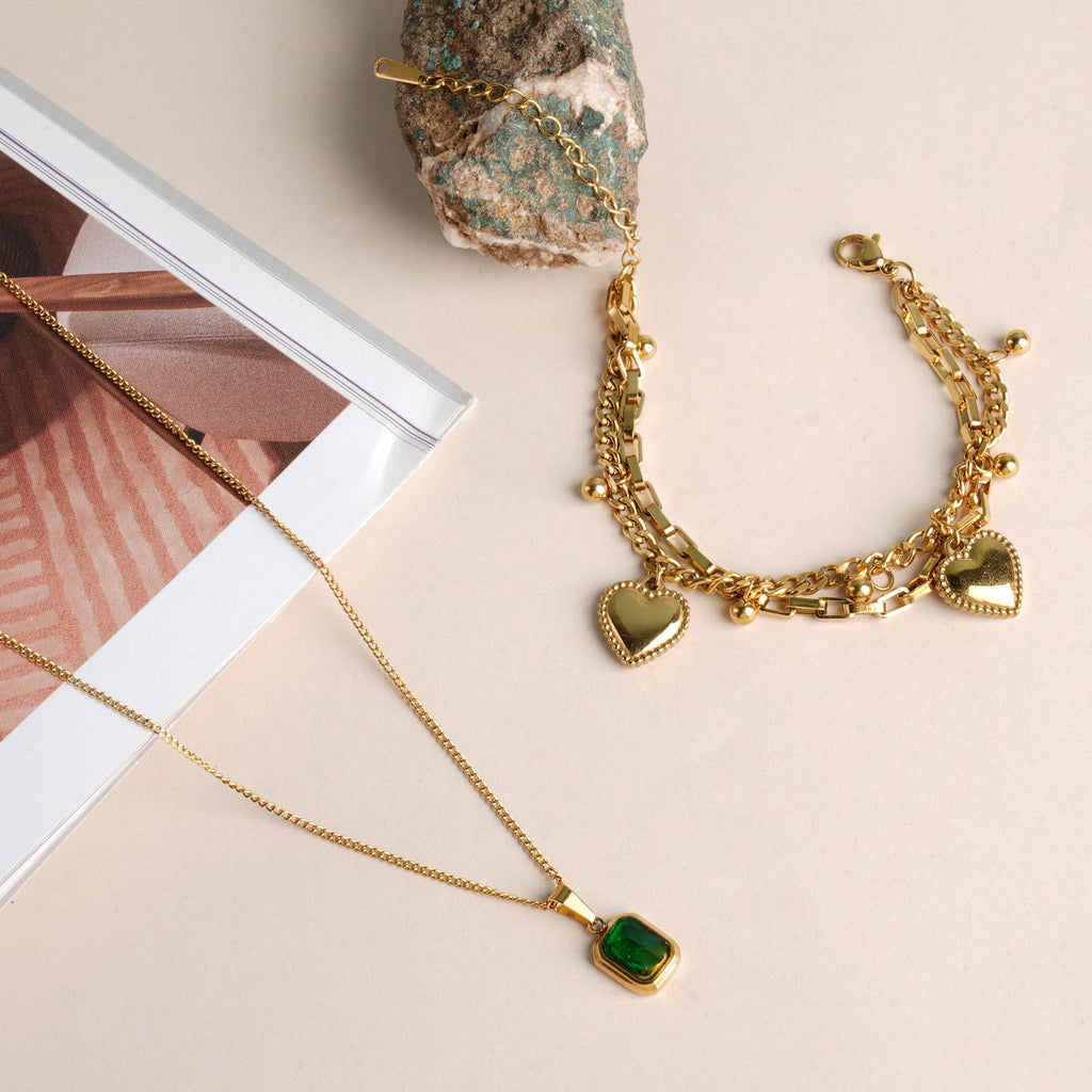 Classic Emerald Necklace & Hearts All Over Bracelet Jewellery Set