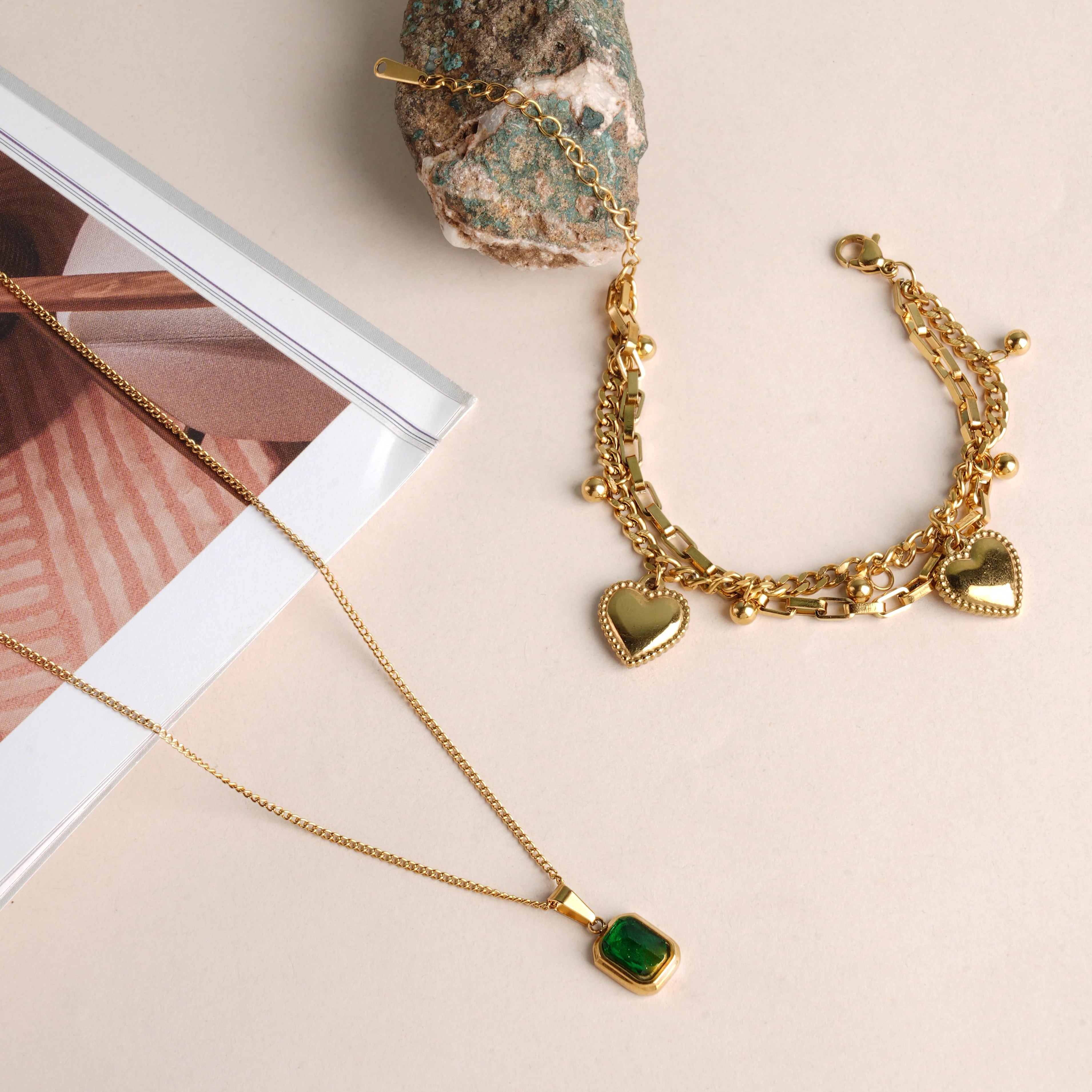 Classic Emerald Necklace & Hearts All Over Bracelet Jewellery Set