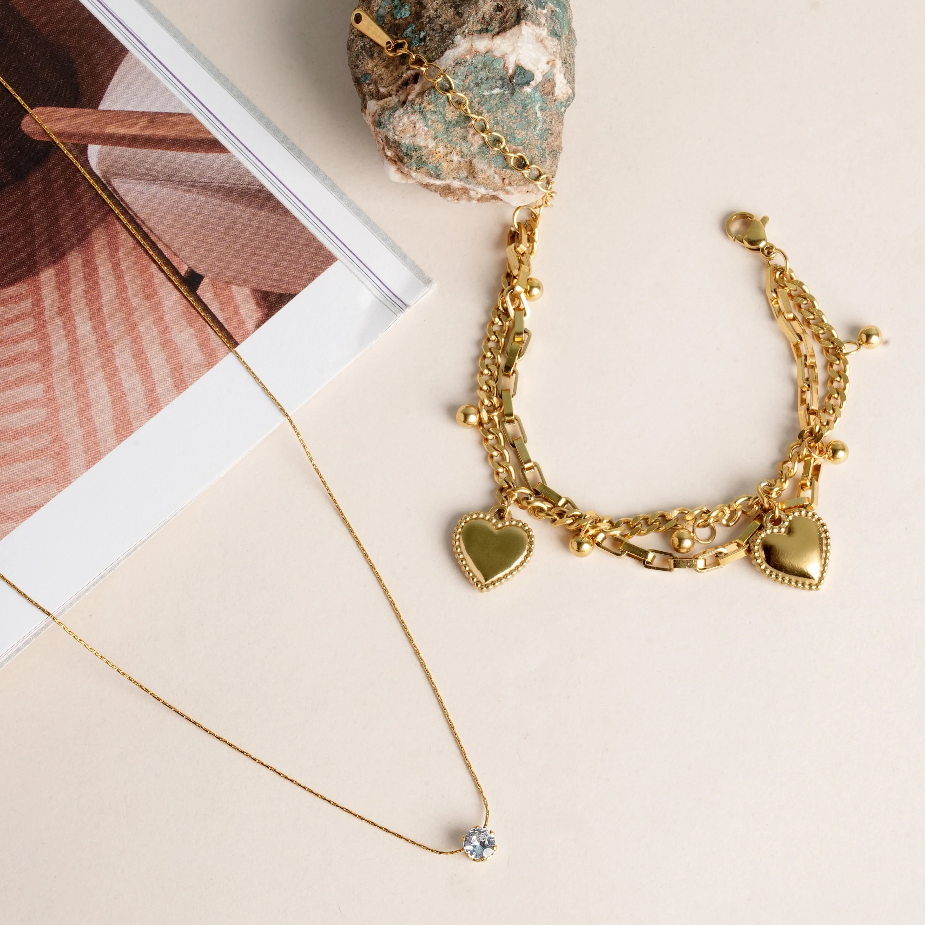 Delicate Diamond Studded Necklace & Hearts All Over Bracelet Jewellery Set