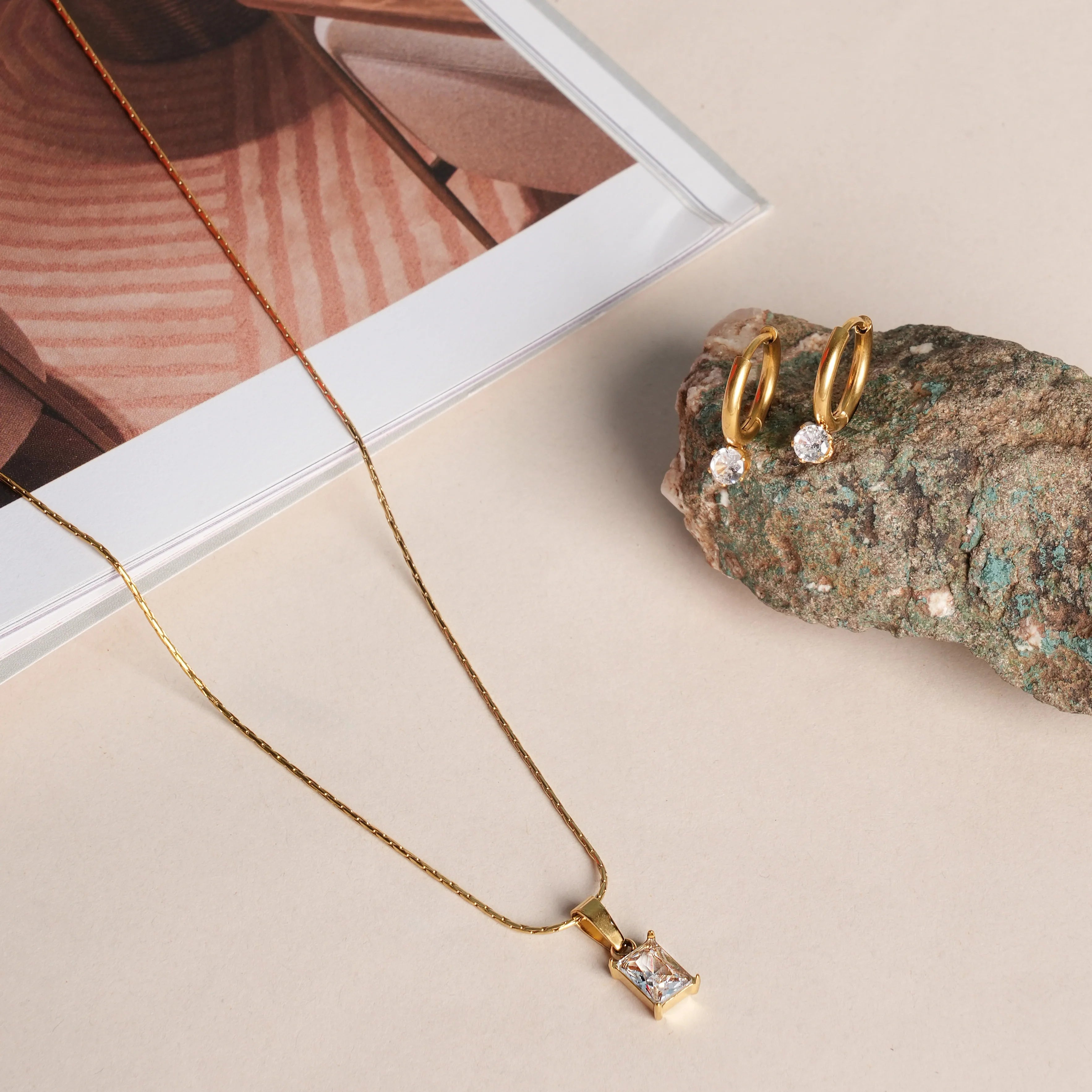 Athena Solitaire Hoop Earrings & Delicate Moonstone Necklace Jewellery Set