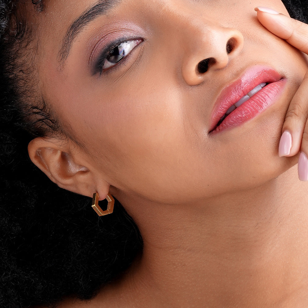 Gold Hexagon Huggie Hoop Earrings