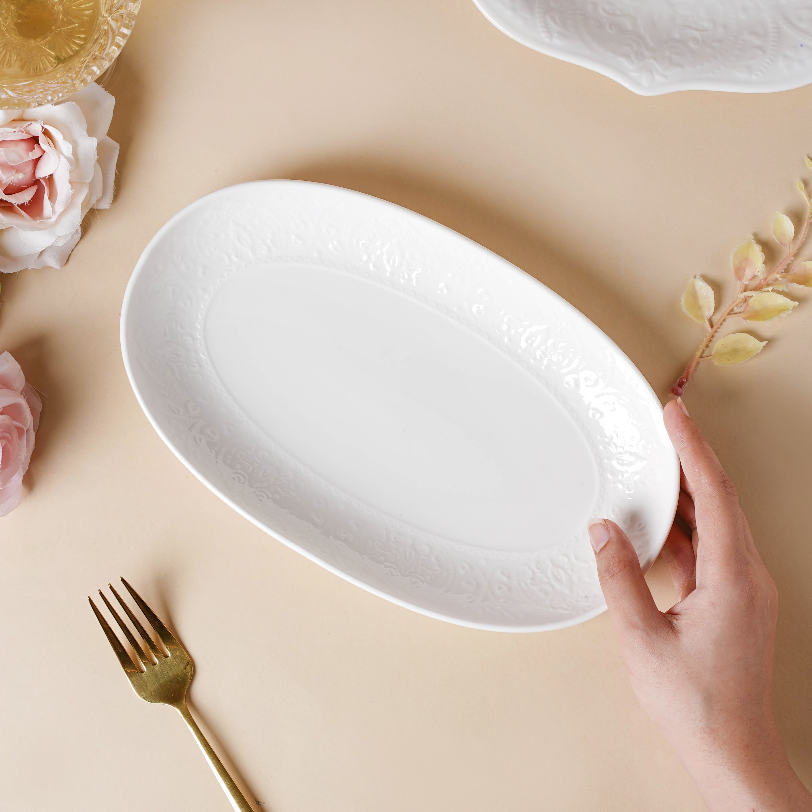 Serena Snowy White Floral Oval Platter