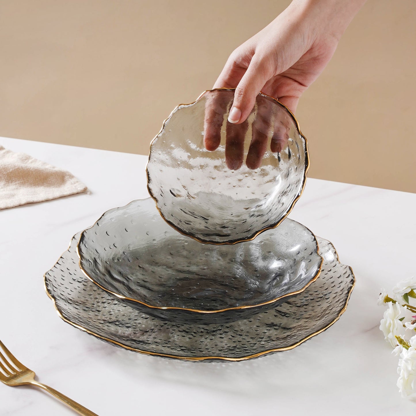 Glass Grey Dish Set of 3
