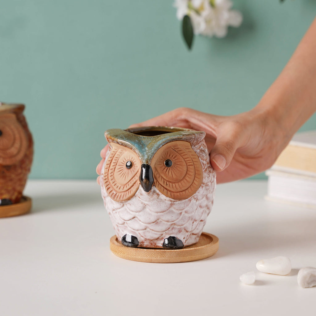 Colossal White Ceramic Owl Planter With Wooden Coaster