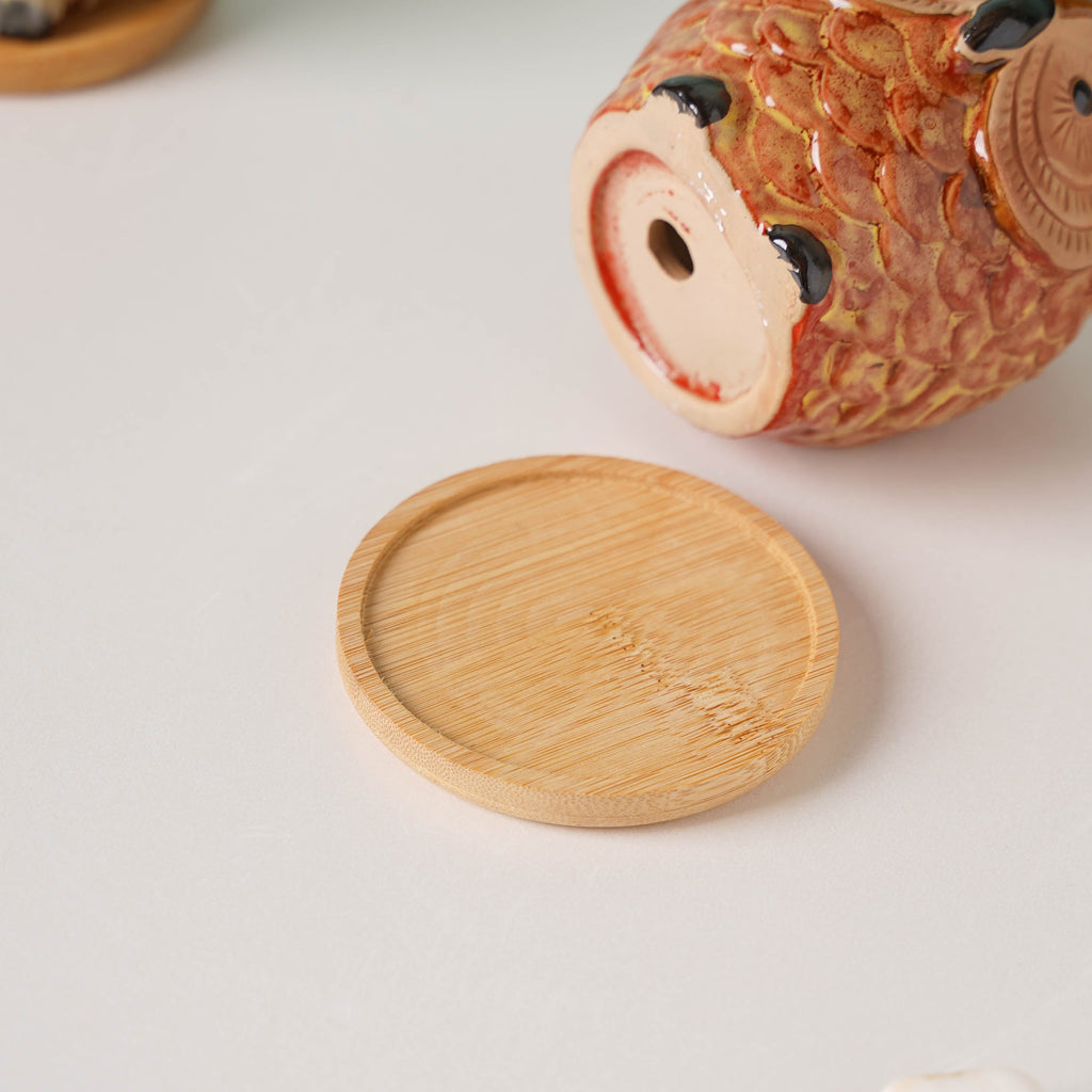 Orange Owl Ceramic Planter With Wooden Coaster