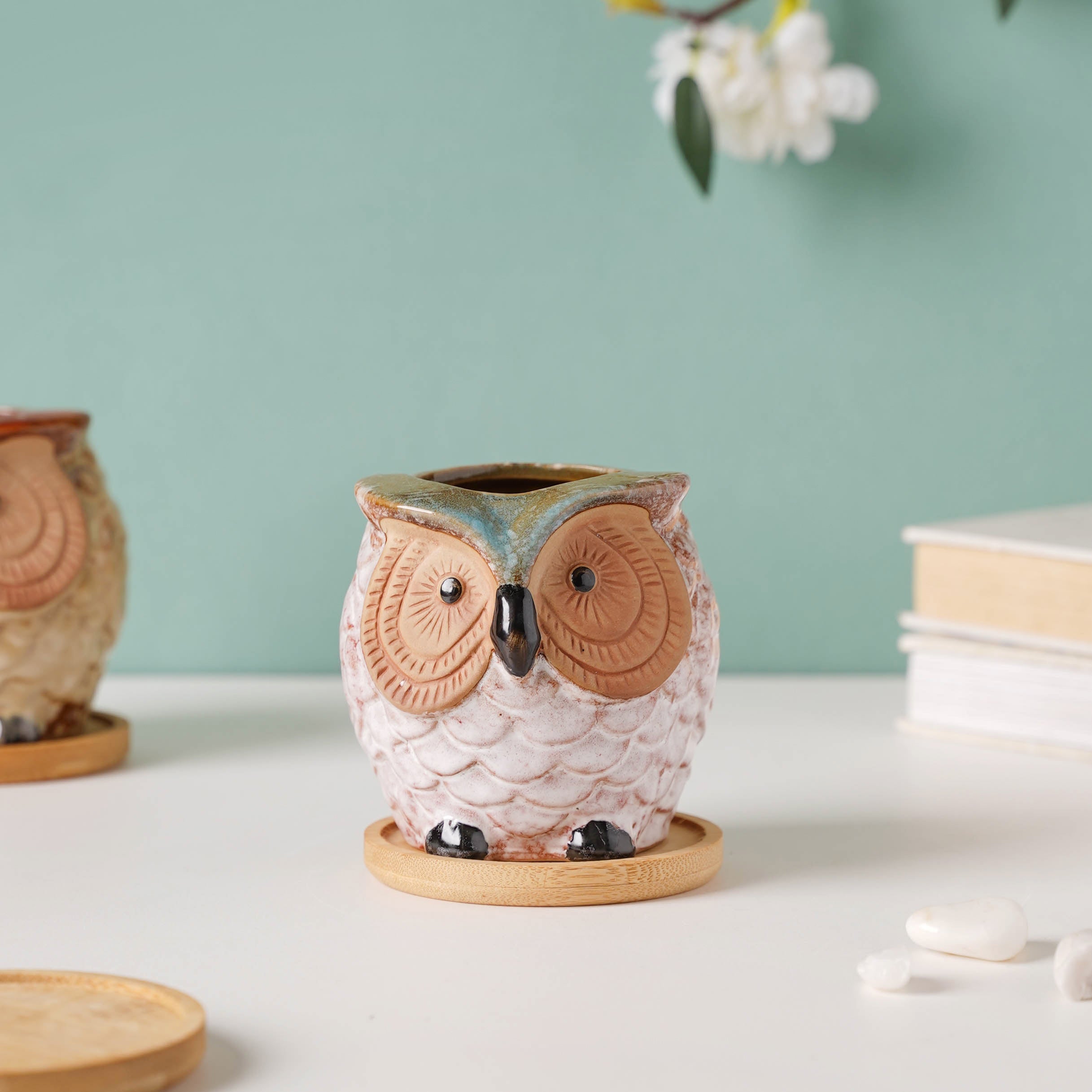 Colossal White Ceramic Owl Planter With Wooden Coaster