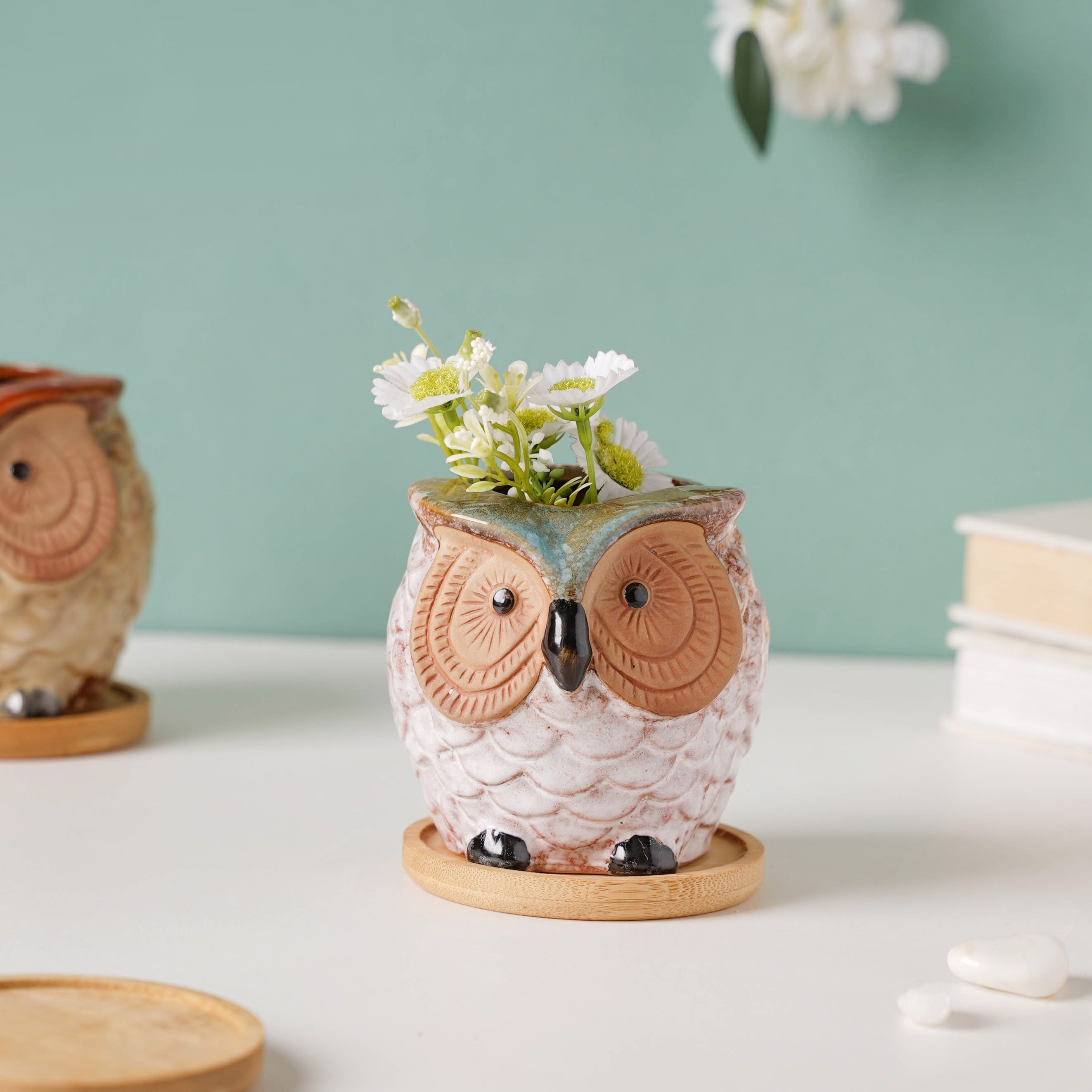 Colossal White Ceramic Owl Planter With Wooden Coaster