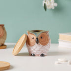 Colossal White Ceramic Owl Planter With Wooden Coaster