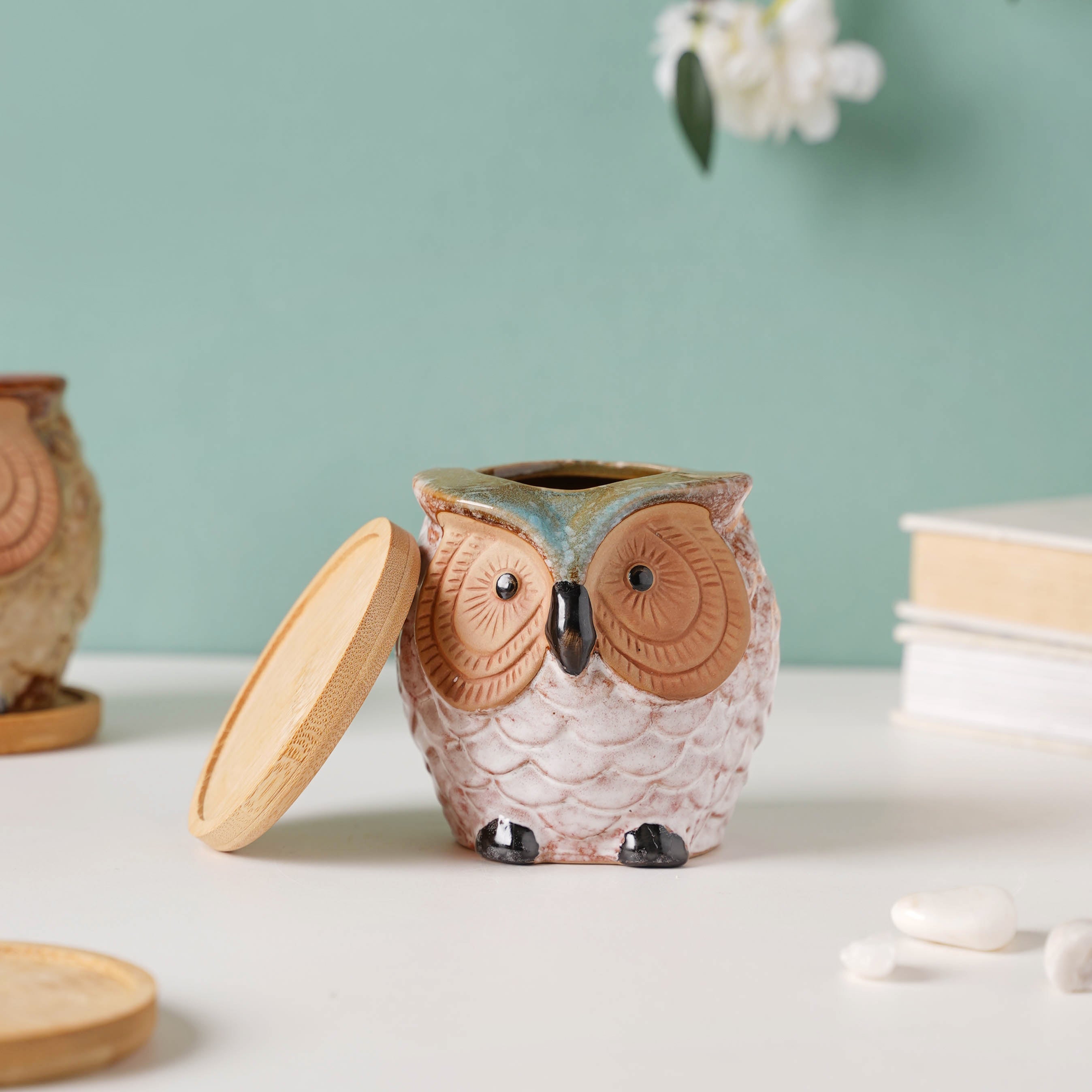 Colossal White Ceramic Owl Planter With Wooden Coaster