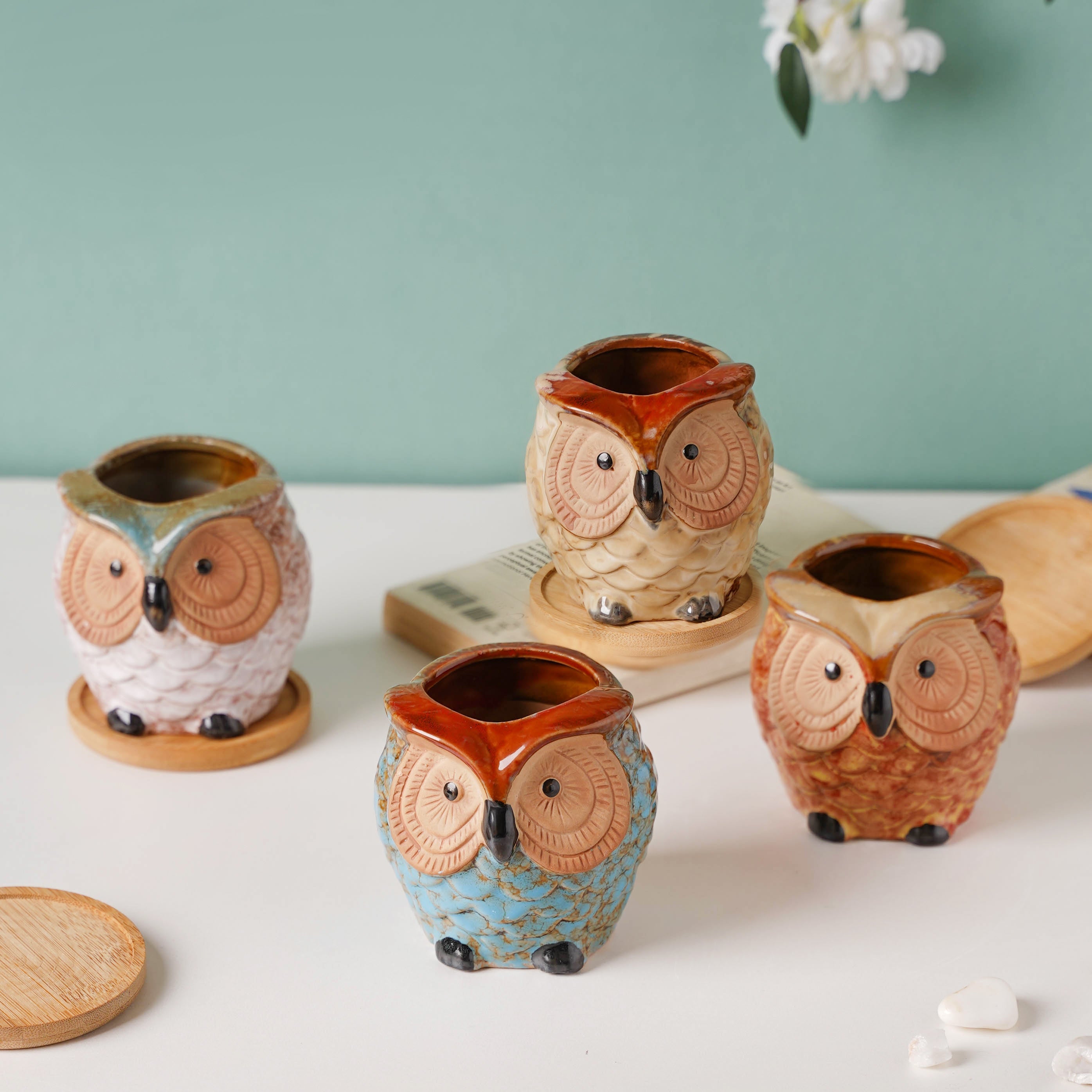 Colossal White Ceramic Owl Planter With Wooden Coaster