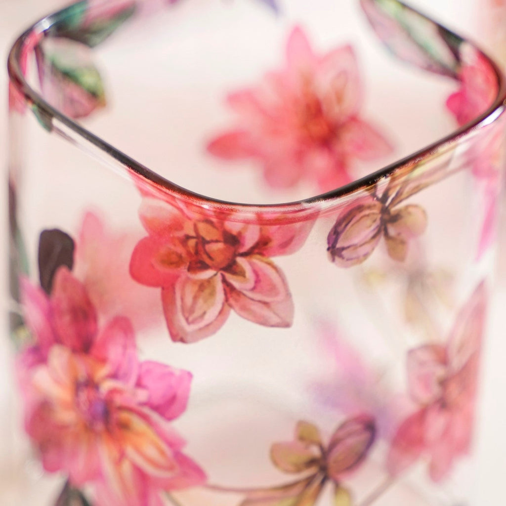 Pink Lotus Square Borosilicate Glass Tumbler Set Of 4 230ml