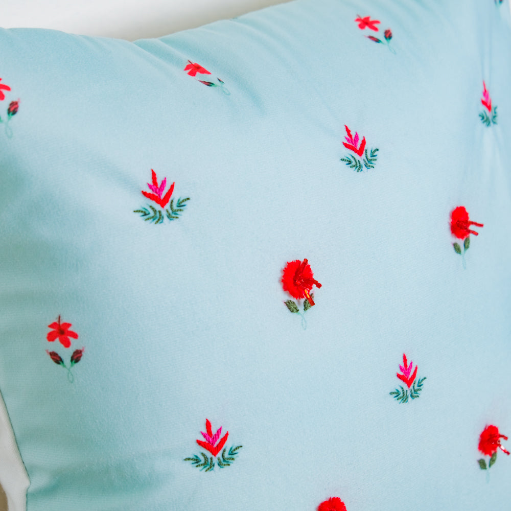 Red Orchids Hand Embroidery Velvet Cushion Cover 16 inch