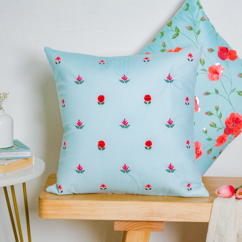 Red Orchids Hand Embroidery Velvet Cushion Cover 16 inch