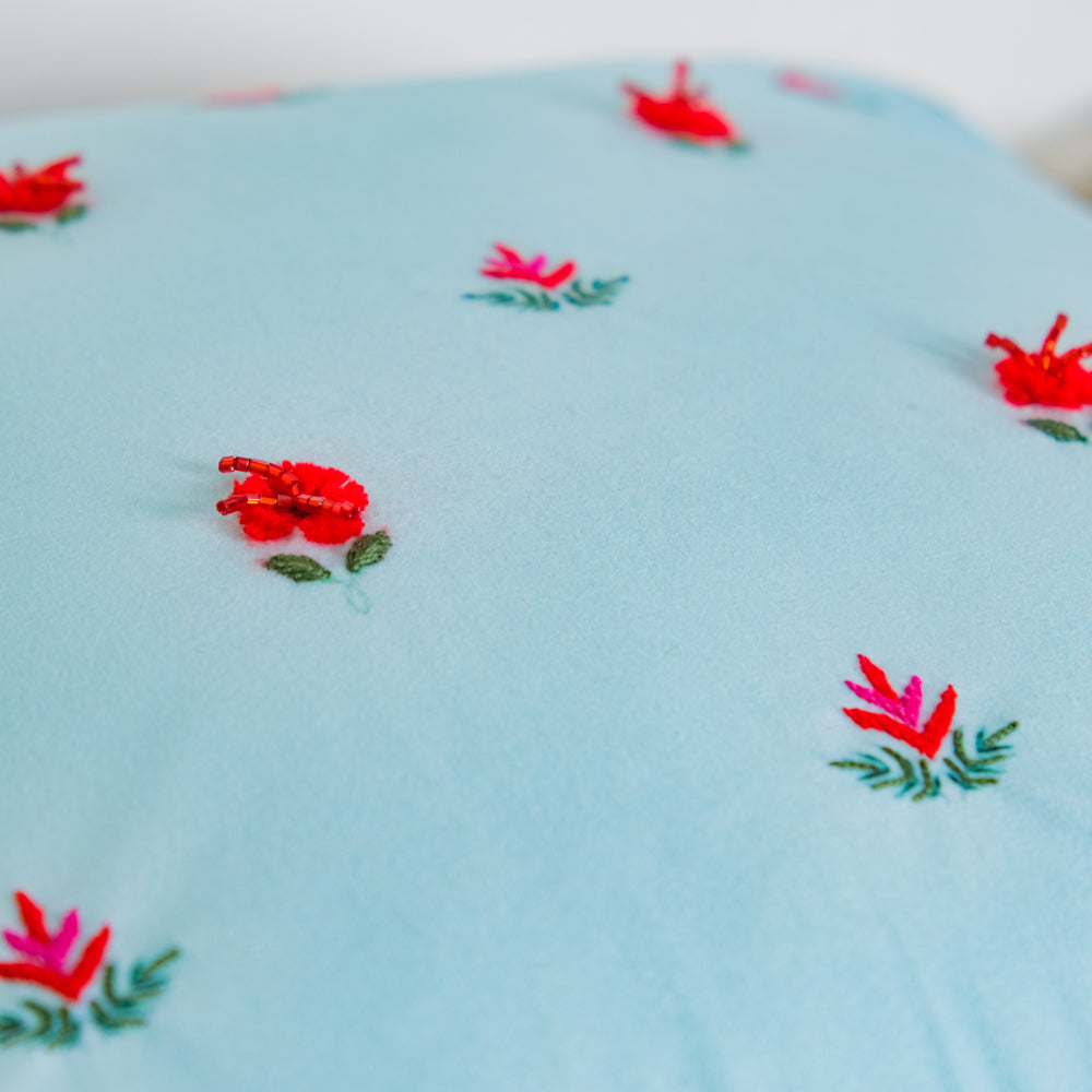 Red Orchids Hand Embroidery Velvet Cushion Cover 16 inch