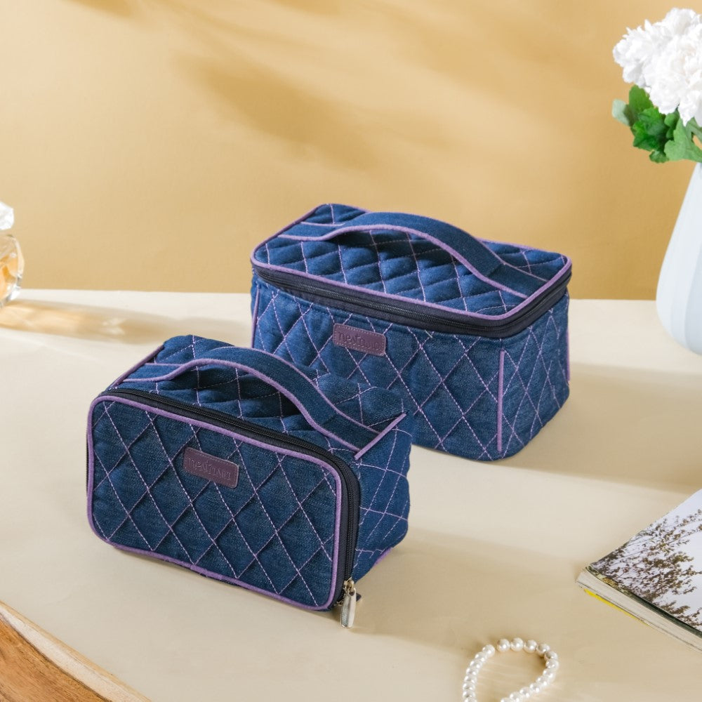 Denim Makeup Bag Set Of 2 Blue And Purple