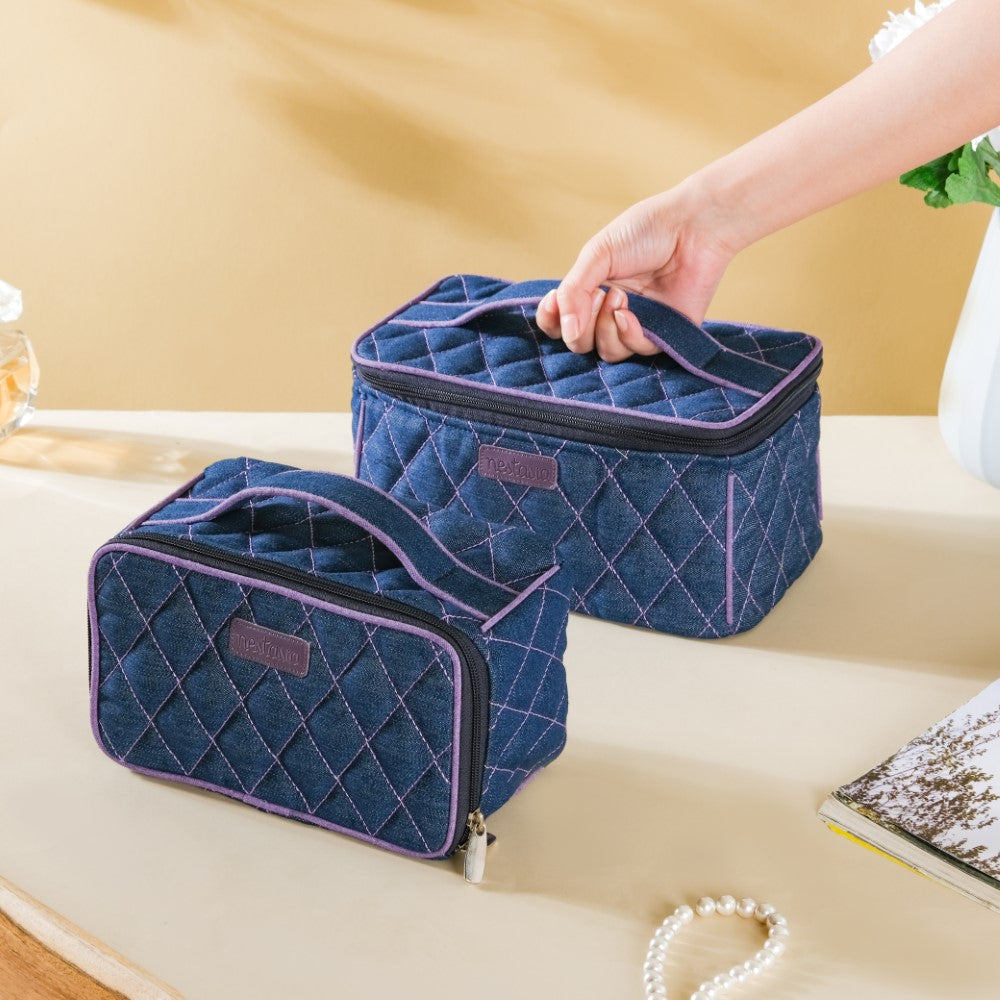 Denim Makeup Bag Set Of 2 Blue And Purple