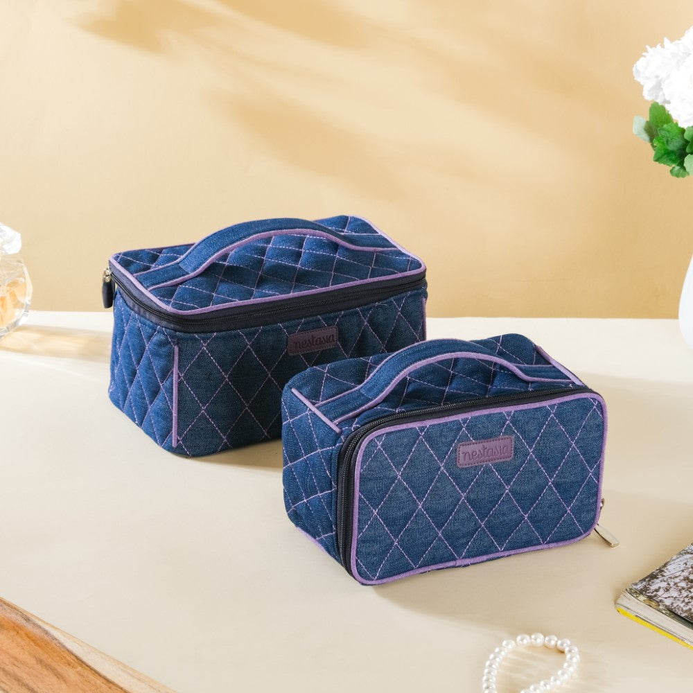 Denim Makeup Bag Set Of 2 Blue And Purple