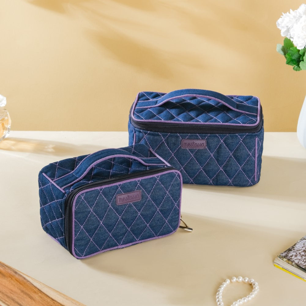 Denim Makeup Bag Set Of 2 Blue And Purple