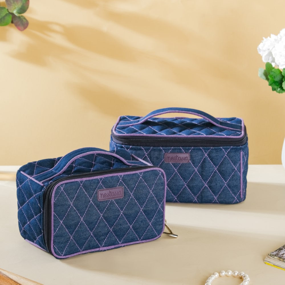 Denim Makeup Bag Set Of 2 Blue And Purple