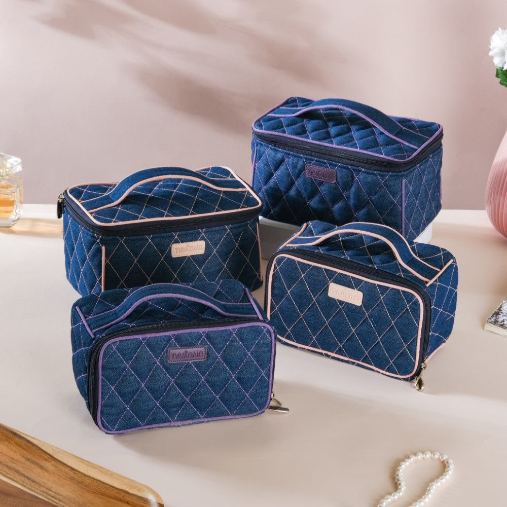 Denim Makeup Bag Set Of 2 Blue And Purple