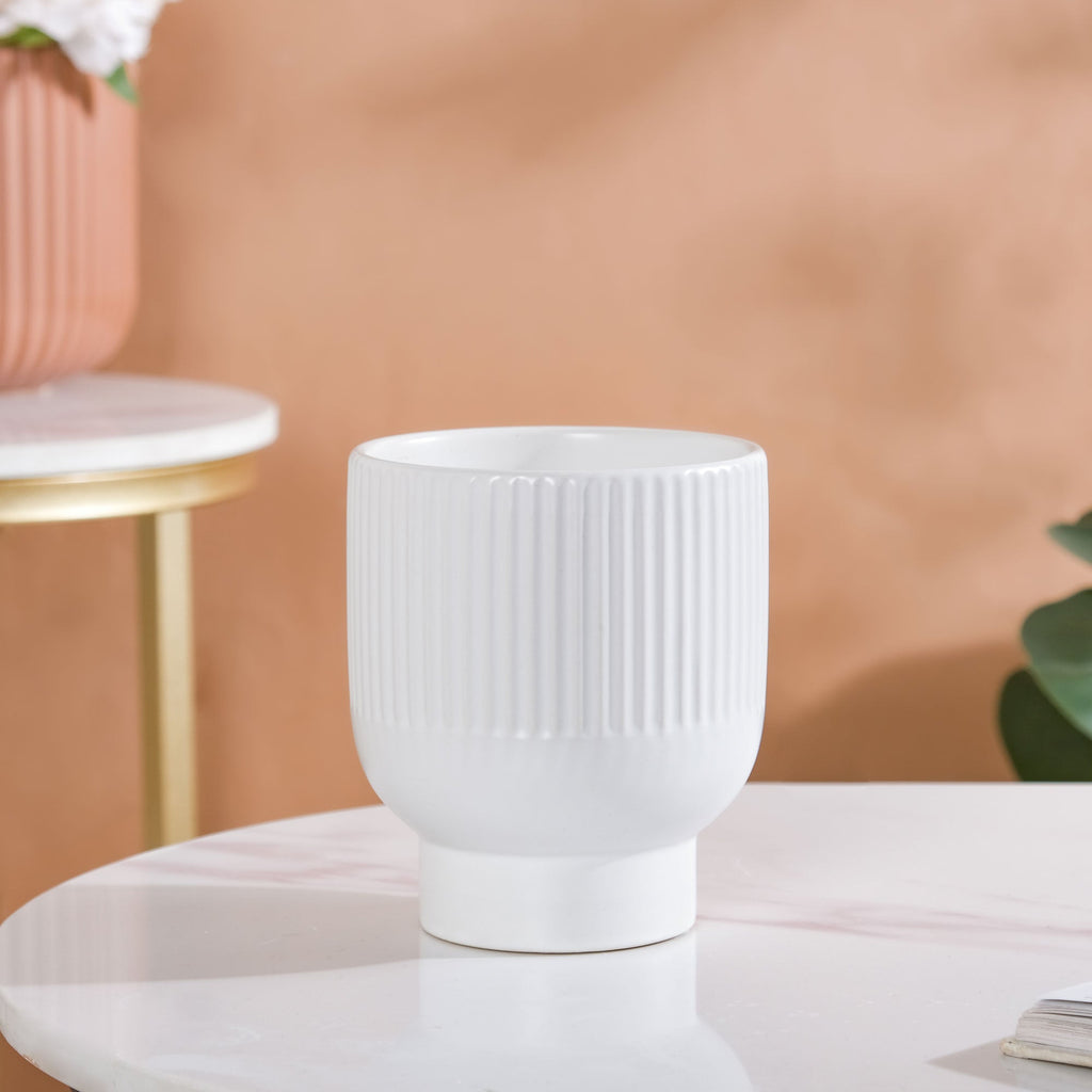 Nordic Ribbed Ceramic White Vase With Stand