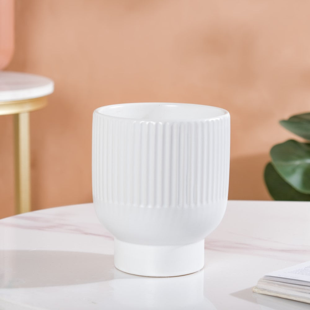Nordic Ribbed Ceramic White Vase With Stand