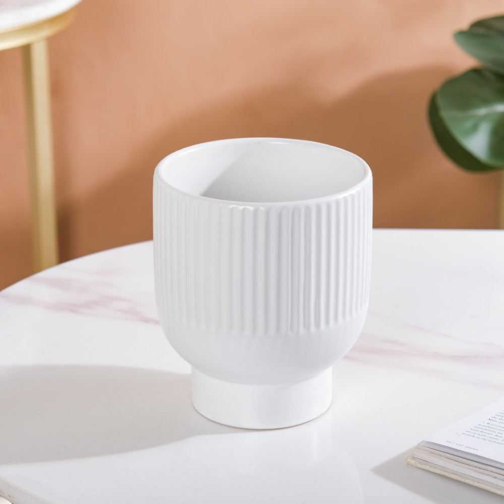 Nordic Ribbed Ceramic White Vase With Stand