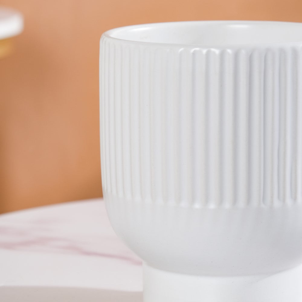 Nordic Ribbed Ceramic White Vase With Stand