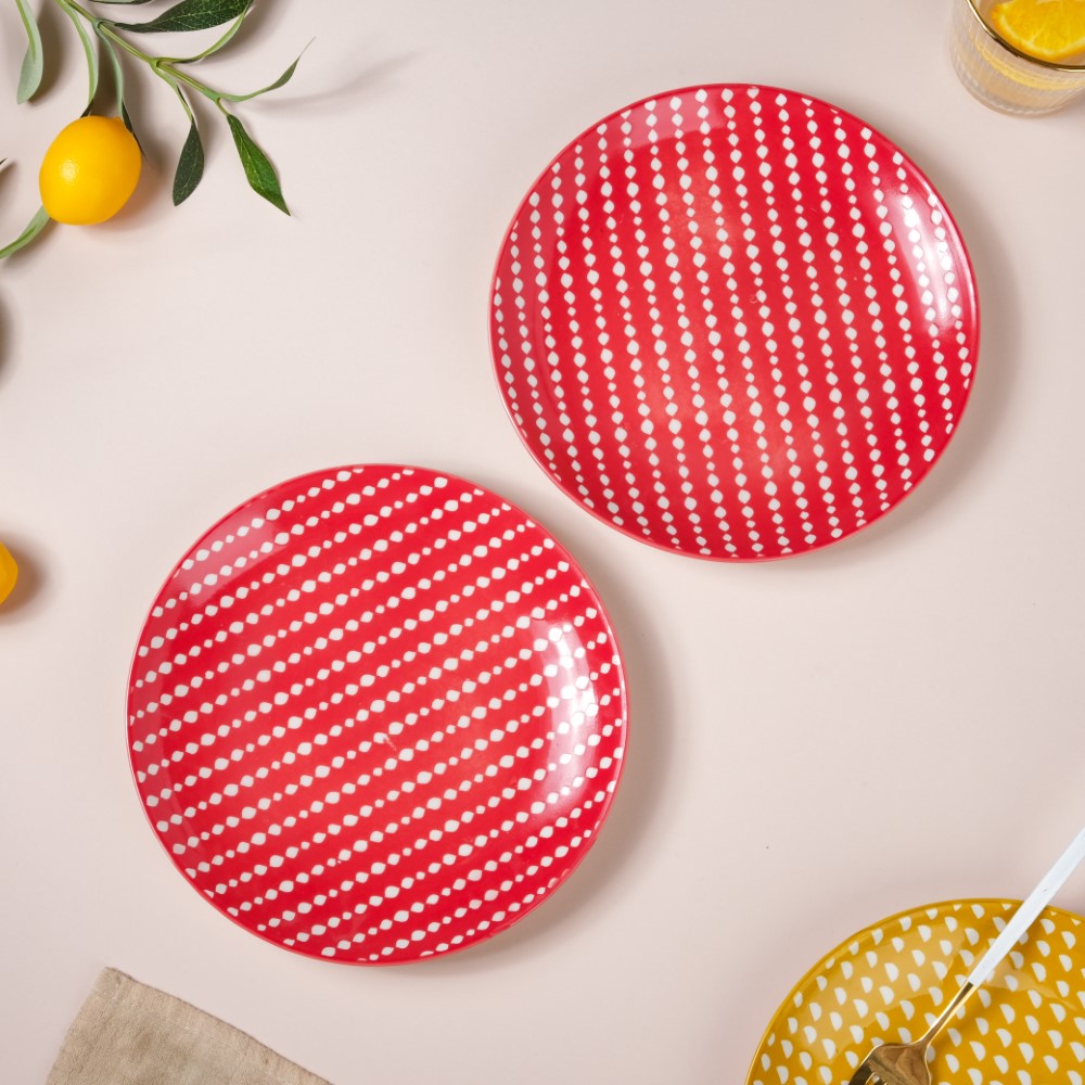 Dotted Red Ceramic Snack Plate 7.5 Inch Set of 2