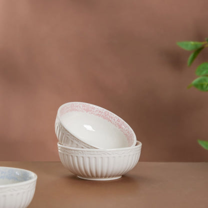 Engraved Rim Ceramic Snack Bowl Pink Set Of 2
